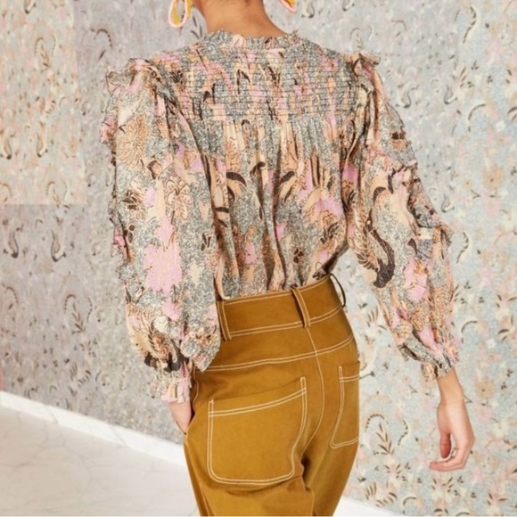 Ulla Johnson Silk Blend Ruffle Floral Lara Blouse Pink Neutral Top Size 4 - Picture 3 of 16